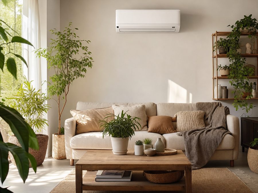 Climatisation réversible murale dans un salon, fraîche l'été et chauffage l'hiver