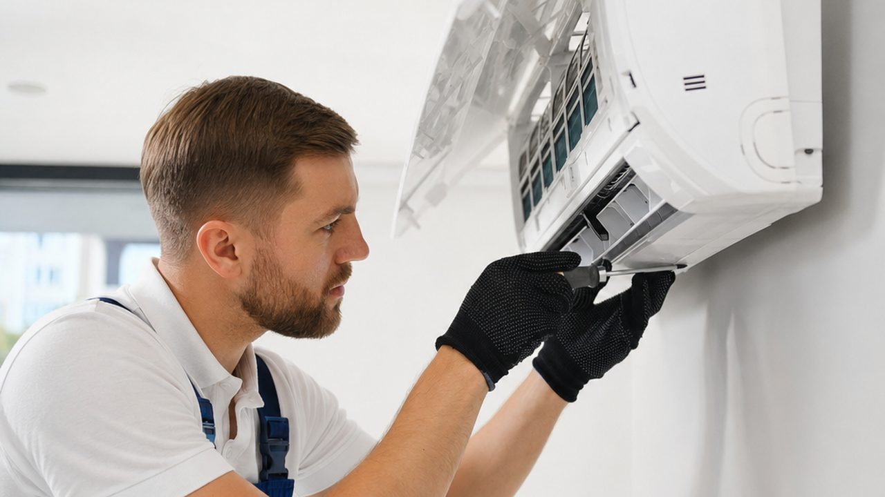 Installateur RGE QualiPAC posant une climatisation réversible murale