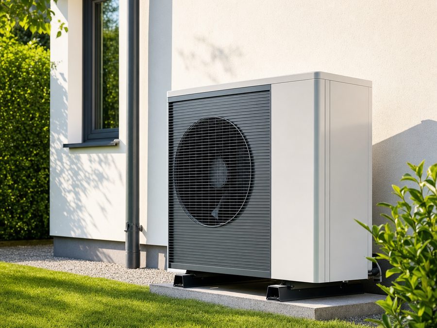 Pompe à chaleur air-eau installée à l'extérieur d'une maison, éligible aux aides 2026